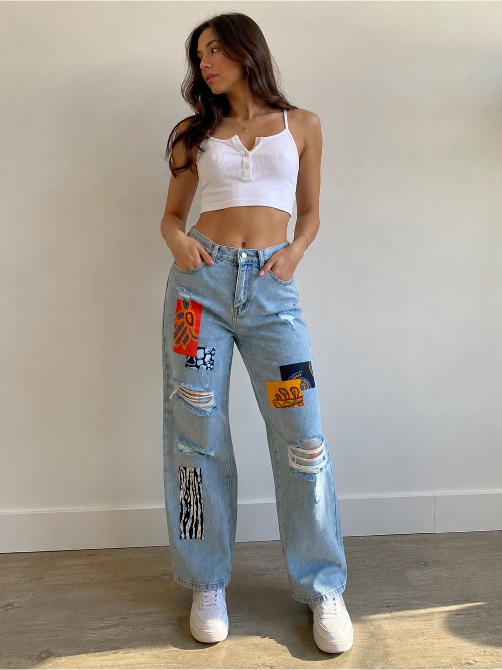 Cider Patchwork Distressed Straight Leg Jeans Light Wash High Rise Size M - Picture 2 of 12